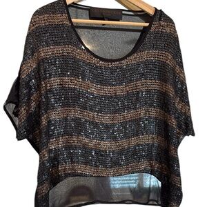 Brown and Black Boxy Dolman Sleeve Blouse with Sequins